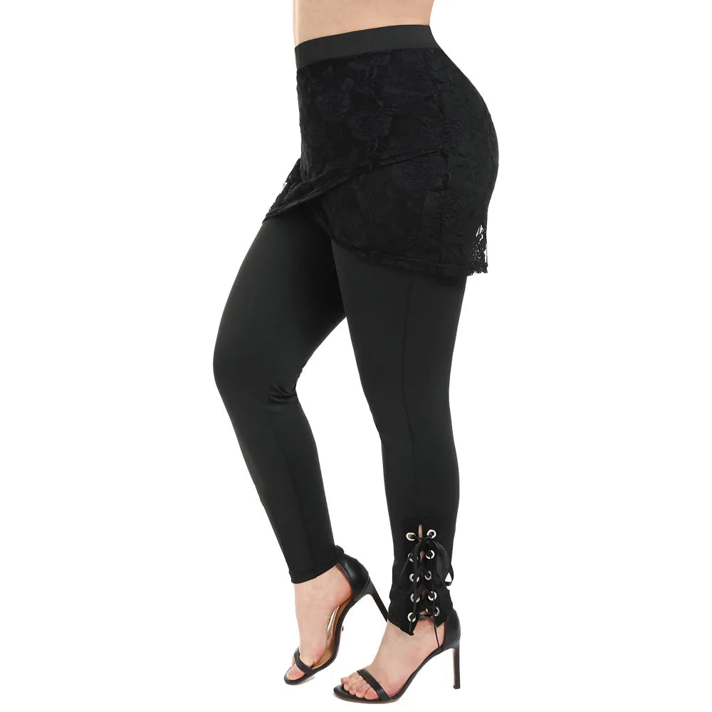 Rosegal Plus Size Damen Skinny Pants schwarz y2k Lace Panel Schnür hose Hose mit hoher Taille