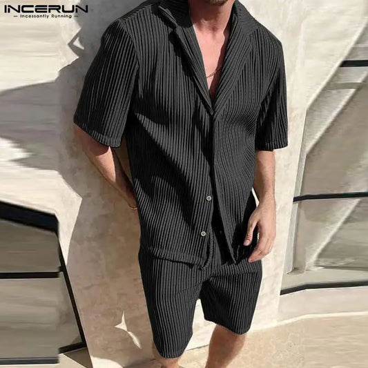 INCERUN Men Sets Solid Color Pleated Lapel Short Sleeve Shirt & Shorts Two Pieces Sets Streetwear 2024 Loose Men's Casual Suits