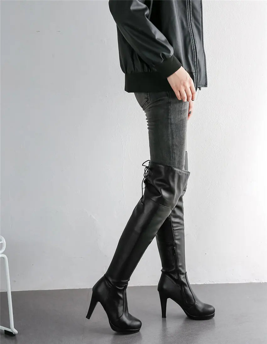 Winter Frauen Oberschenkel-hohe Plattform Stiefel Hohe Spike Heels Schwarz Weiß Party Club Damen Runde Kappe Zipper Sexy Lange über Knie Stiefel