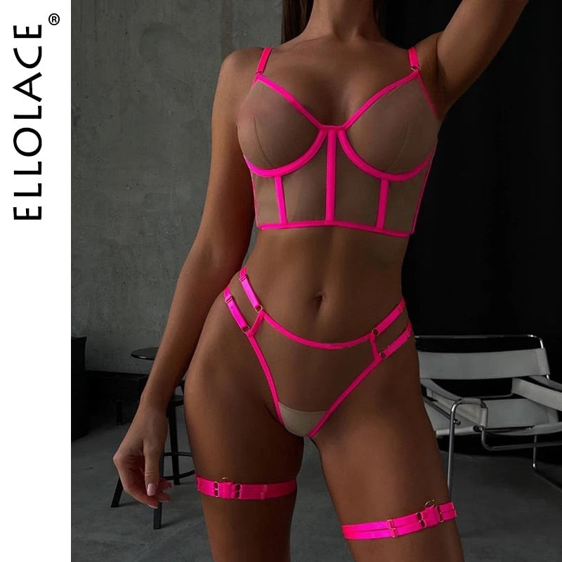 Ellolace Neon Green Lingerie Fetish Naked Women Without Censorship Underwear That Can See Intimate Sexy Nude Transparent Bra Set
