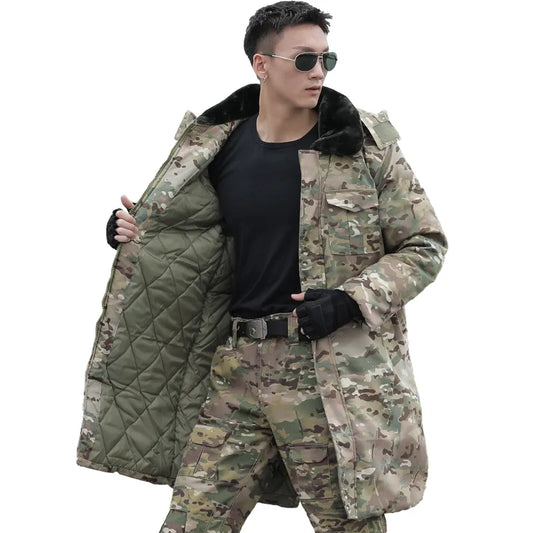 HAN WILD Winter Coat Long Camouflage Jacket Men Thick Warm Long Parkas Coats Detachable Cap Fur Collar Military Windbreaker