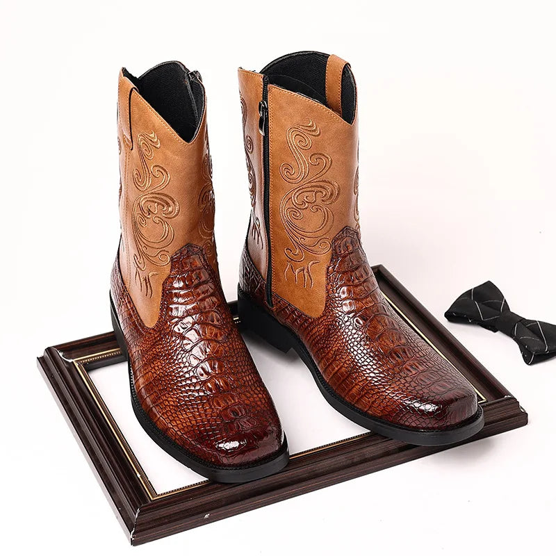 Men's Classic Retro Riding Boots Mens Embossed Leather Embroidery Mid-Calf Boots Men British Style Casual Shoes