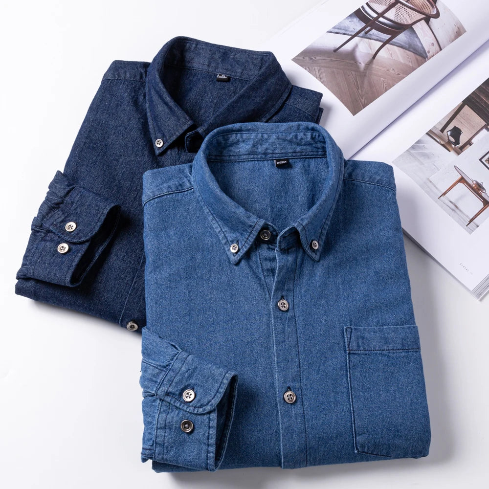 Men&#39;s Versatile Casual Long Sleeve Denim Pocket Shirt Regular-Fit Comfortable Soft 100% Cotton Washed Durability Work Shirts