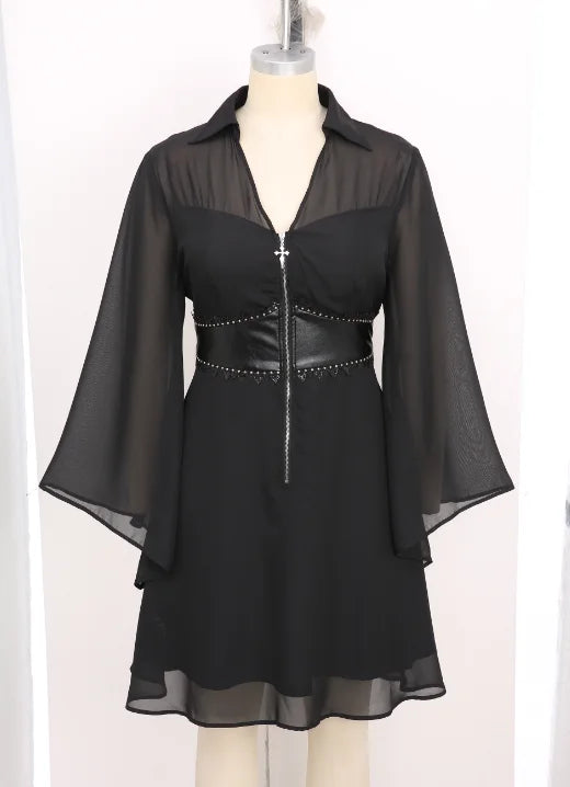 Rosegal Gothic Kleider Flare Ärmel Turn-Down Kragen Kreuz halben Reiß verschluss Spitzen besatz geschichtet Pu Panel Korsett Chiffon Kleid schwarz