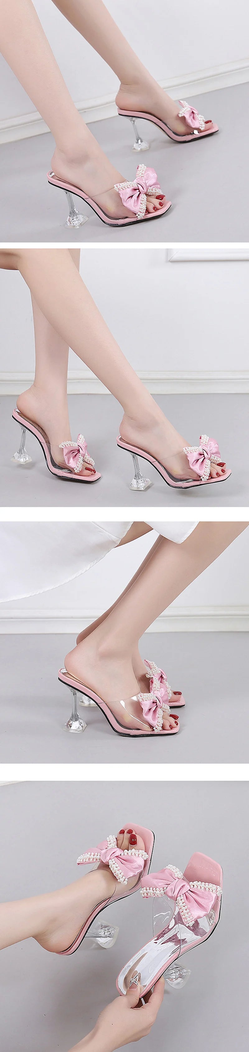 Liyke 2024 neuen Stil rosa Frauen Hausschuhe Sandalen Mode Perle Bowknot High Heels PVC transparente Schuhe Sommer Maultier Slides Pumps