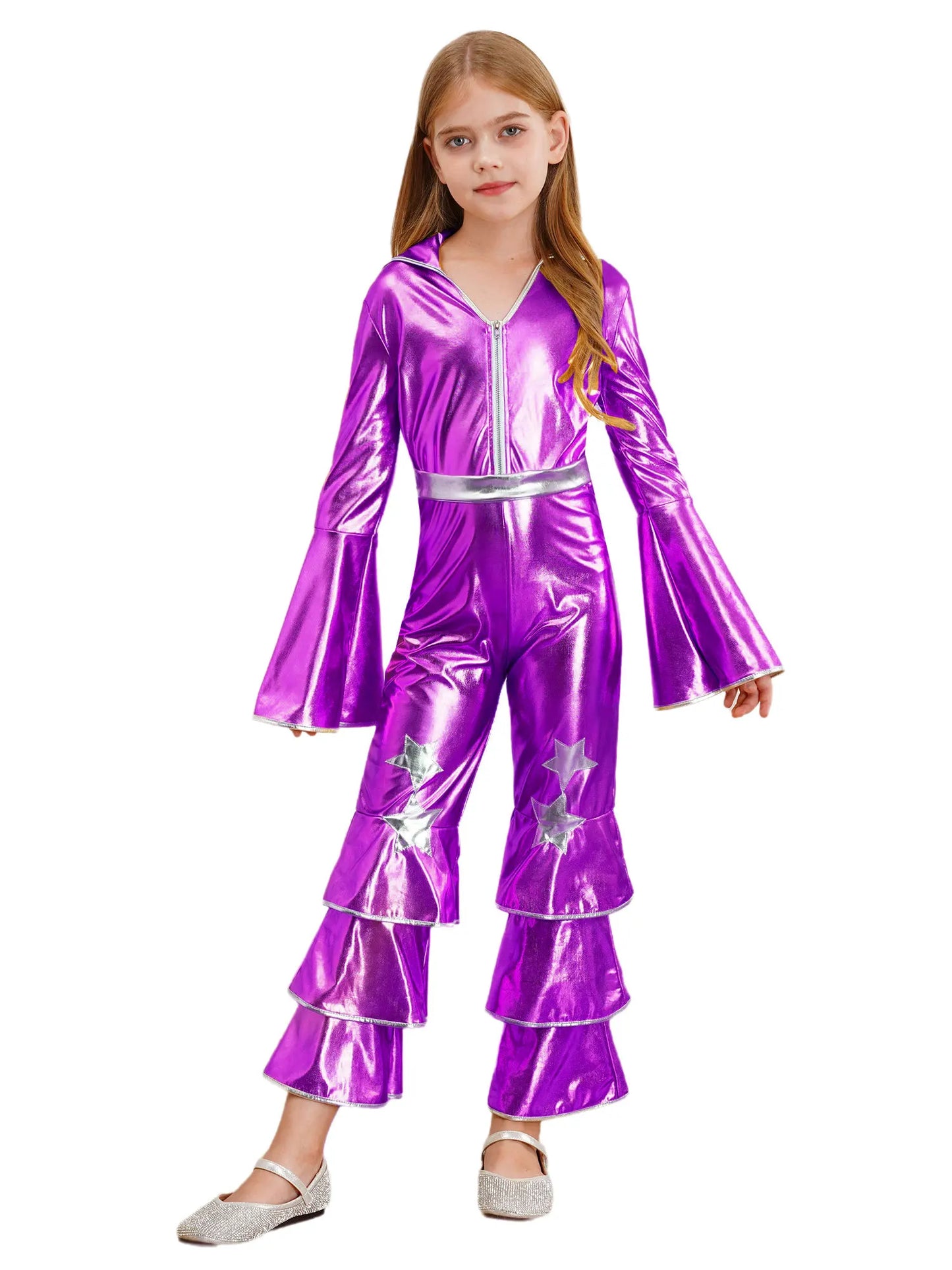 Kids Girls 70s 80s Disco Costume Metallic Flare Sleeve Ruffle Bell Bottom Jumpsuit Halloween Cosplay Funky Dancing Bodysuit