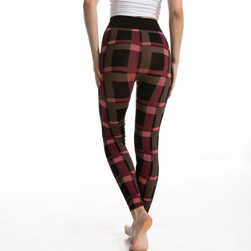 CUHAKCI Stretch Checkered Jacquard Print Leggings Women Breathable Slimming Workout Yoga Pants High Elastic Overwear Trouse