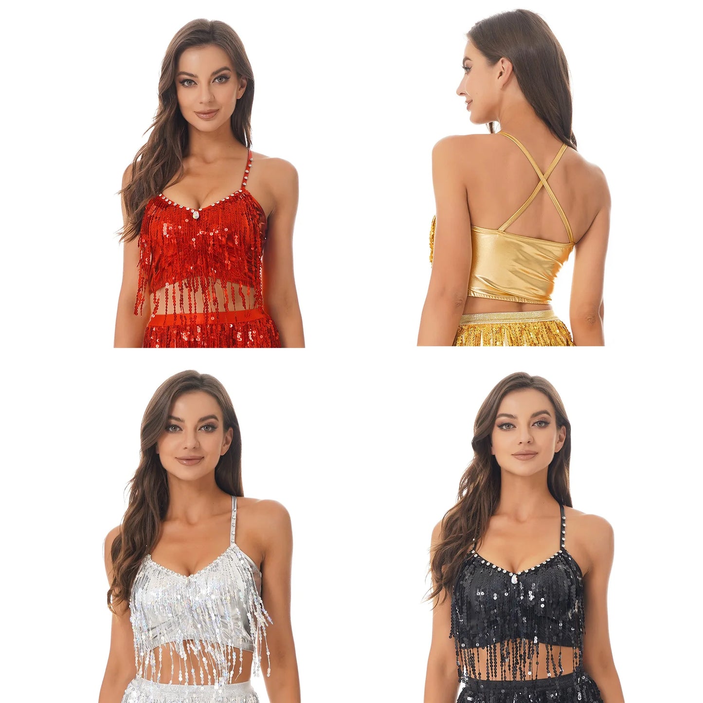 Womens Shiny Sequin Fringed Crop Top Rhinestone V Neck Sleeveless Vest Woman Sexy Camisole for Belly Dance Performance Costume