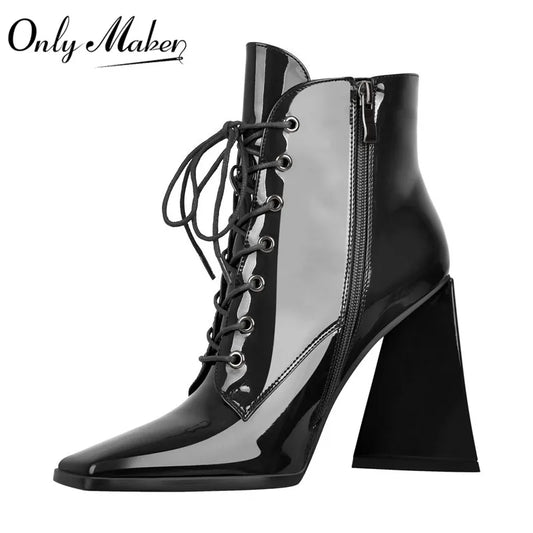 Onlymaker Frauen Karree Schwarz Patent Leder Dreieck Chunky Ferse Stiefeletten Kreuz-gebunden Dekoration Seite Zipper Booties