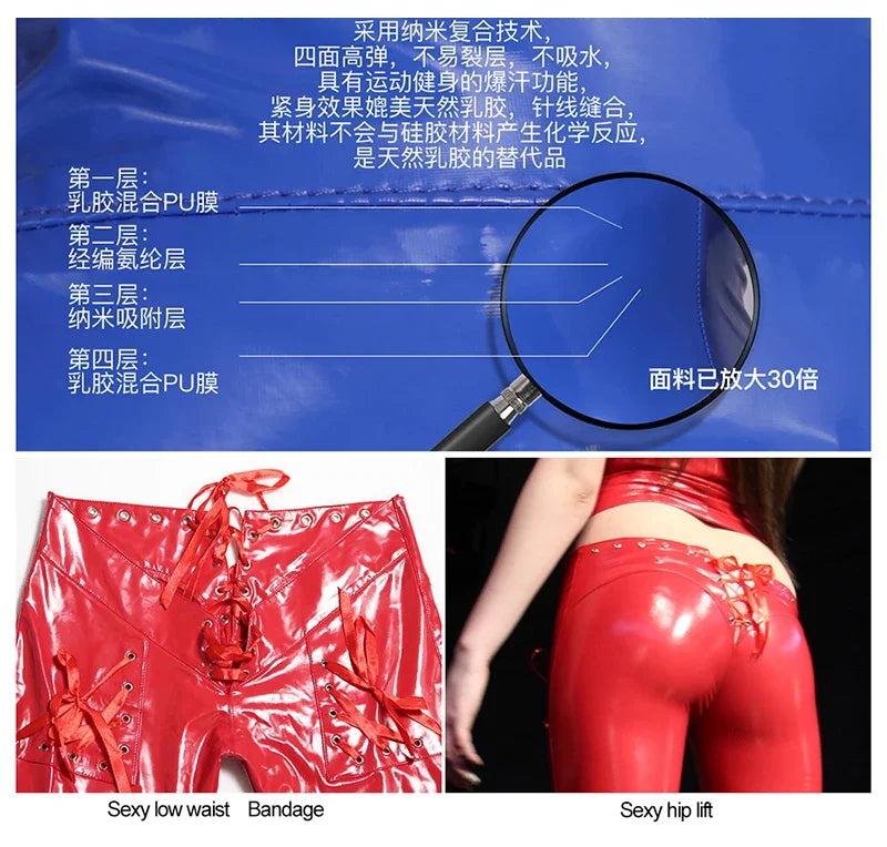 Sexy niedrige Taille exotische Latex Lederhose Reiß verschluss rote Pu Hose Schnür loch Tanz Bodycon nahtlose Leggings Wetlook benutzer definierte