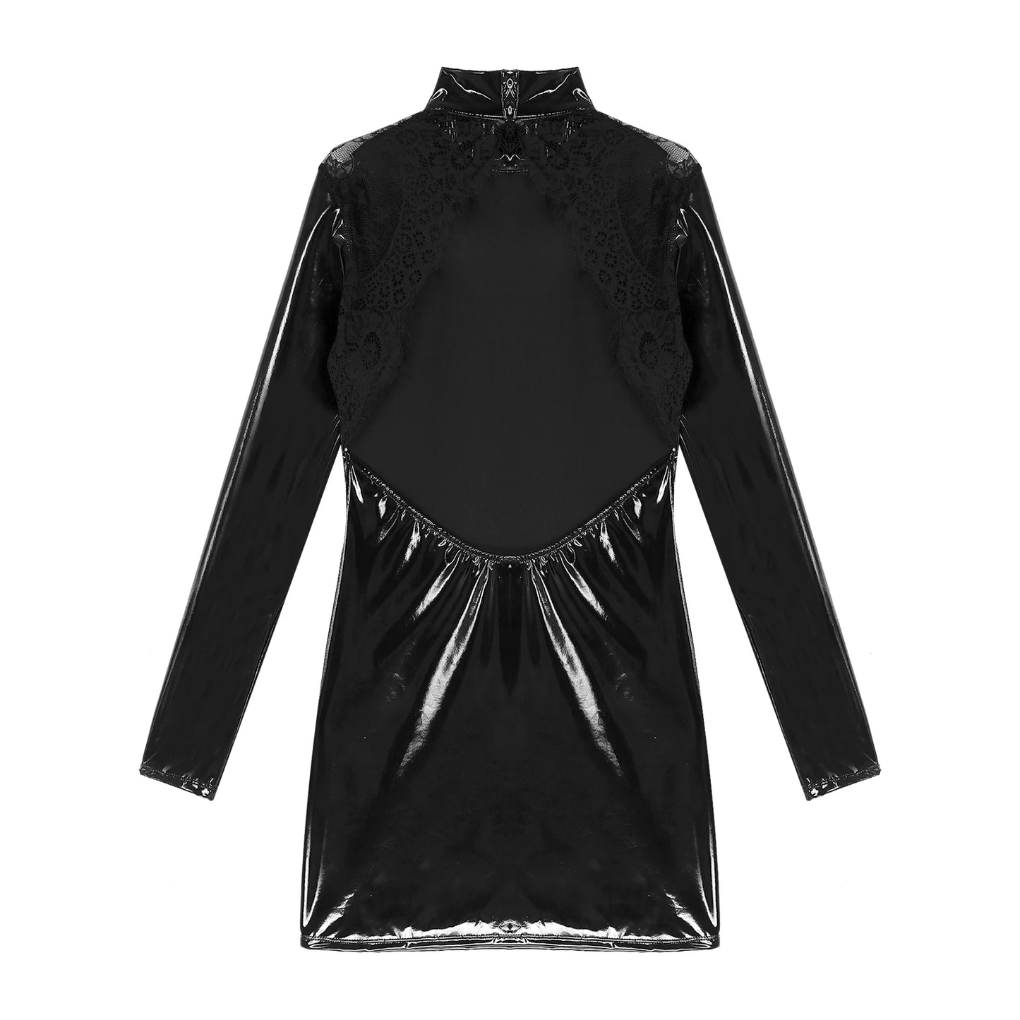 Women Latex Clubwear for Nightclub Party Dance Lace Backless Long Sleeve Dress Wetlook Patent Leather Mock Neck Bodycon Dresses