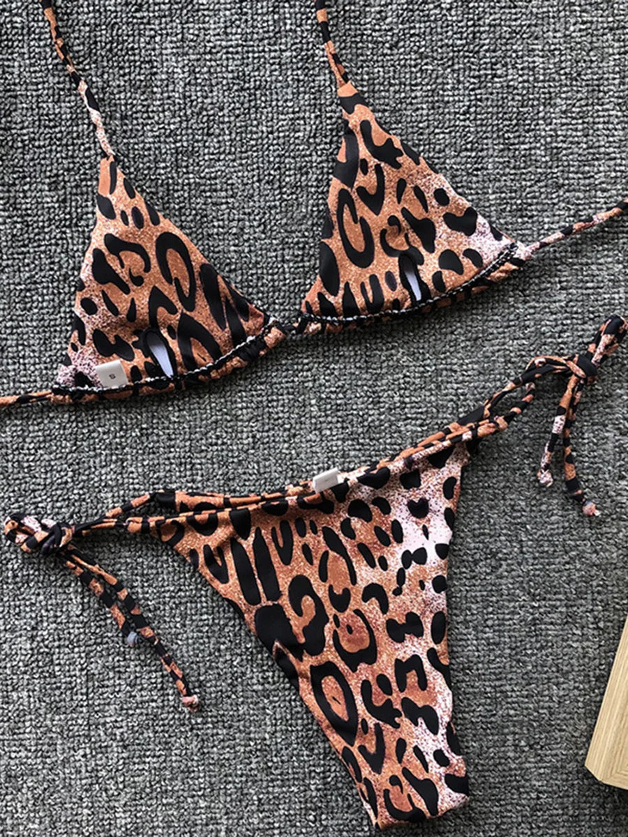 Sexy Leopard Mini Micro String Bikini Women Swimsuit Female Swimwear Two Pieces Bikini Set Halter Bathing Suit Swim Beach Wear