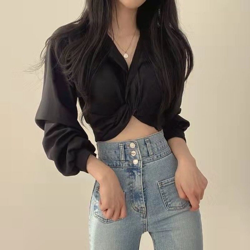 QWEEK Vintage Streetwear Harajuku Sexy Women Blouse Crop Top Korean Style Trends Black White Long Sleeve Shirt Female Tunic Chic