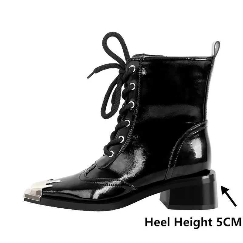 Only maker Frauen Stiefeletten Square Toe Seite Reiß verschluss Schnürung Chunky Heel Mode Punk Stiefel