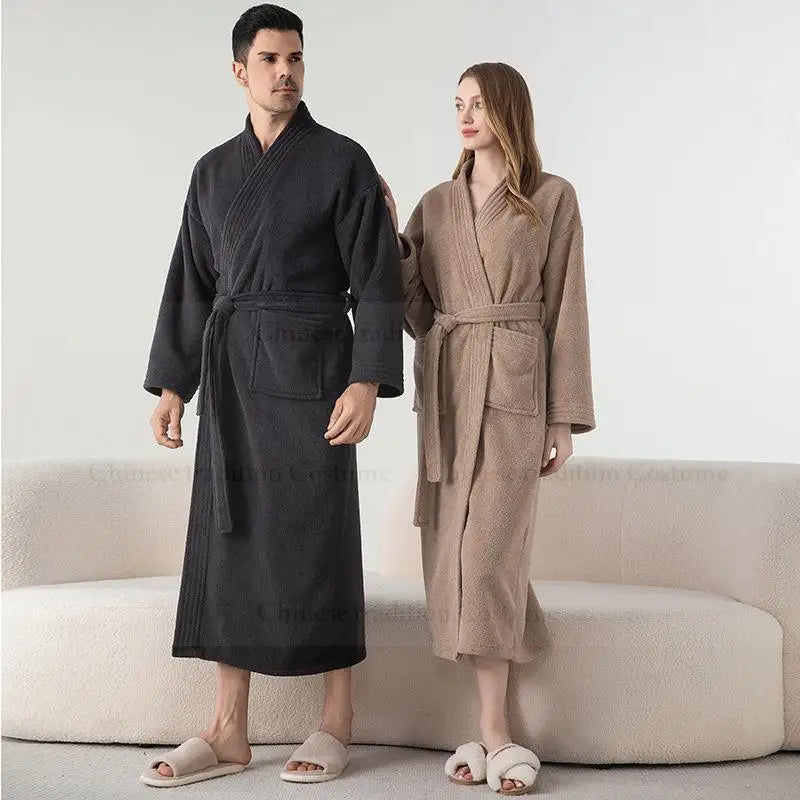 Verdickte warme Fleece-Duschroben, langer Kimono-Bademantel für Herren, lockere Nachtwäsche, Paar-Peignoir-Kleid mit Tasche, weiche Loungewear