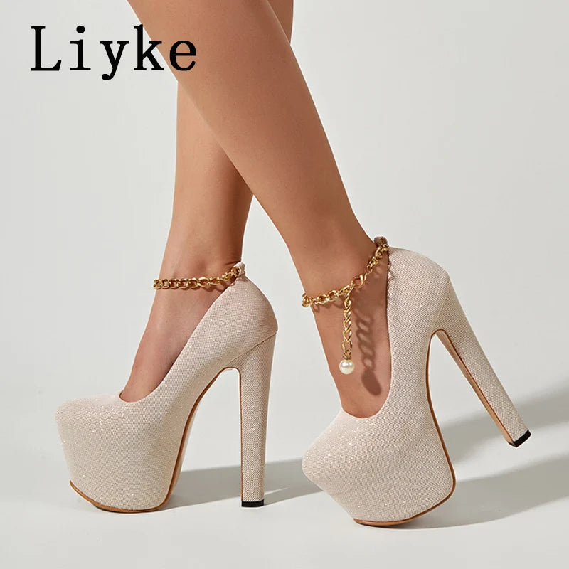 Liyke 20244 New Extreme High Heels Women Fashion Sequined Cloth Round Toe Chain Ankle Strap Platform Pumps Nightclub Party Shoes