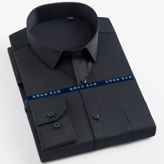 Men&#39;s Fashion Long Sleeve Basic Dress Shirts Single Patch Pocket Formal Business Standard-fit Work Office Plaid/striped Shirt