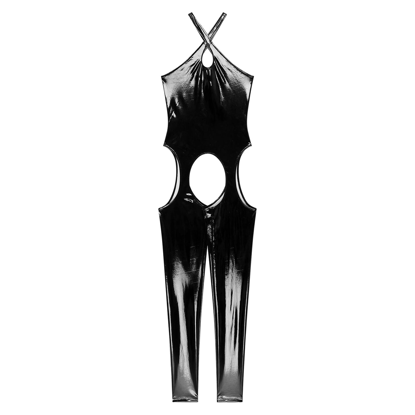 Damen Wet Look Lack leder Bodysuit Jumps uit Catsuit einteilige dünne Teddy Bodycon Dessous Strumpfhose Clubwear