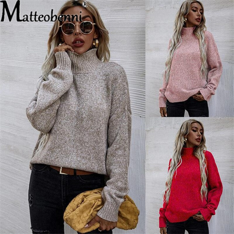 Autumn Knitted Turtleneck Sweater Women Fashion British Style Casual Pullover Long Sleeve Solid Color Loose Commuter Tops