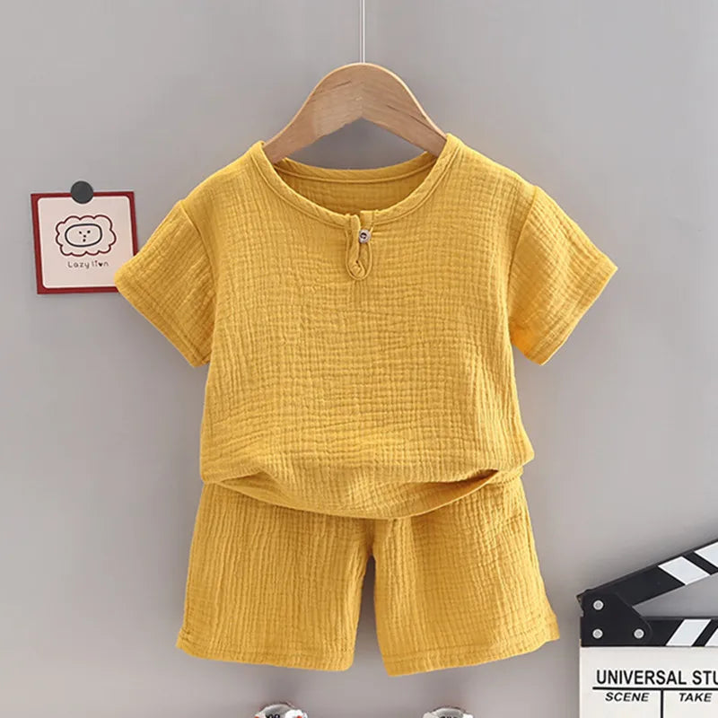 Jungen Mädchen Sommer Outfits Kleidung Baby Musselin Baumwolle Kurzen Ärmeln Hemd Shorts Anzüge Kinder Top + Hosen Sets 2 stücke 0-8T