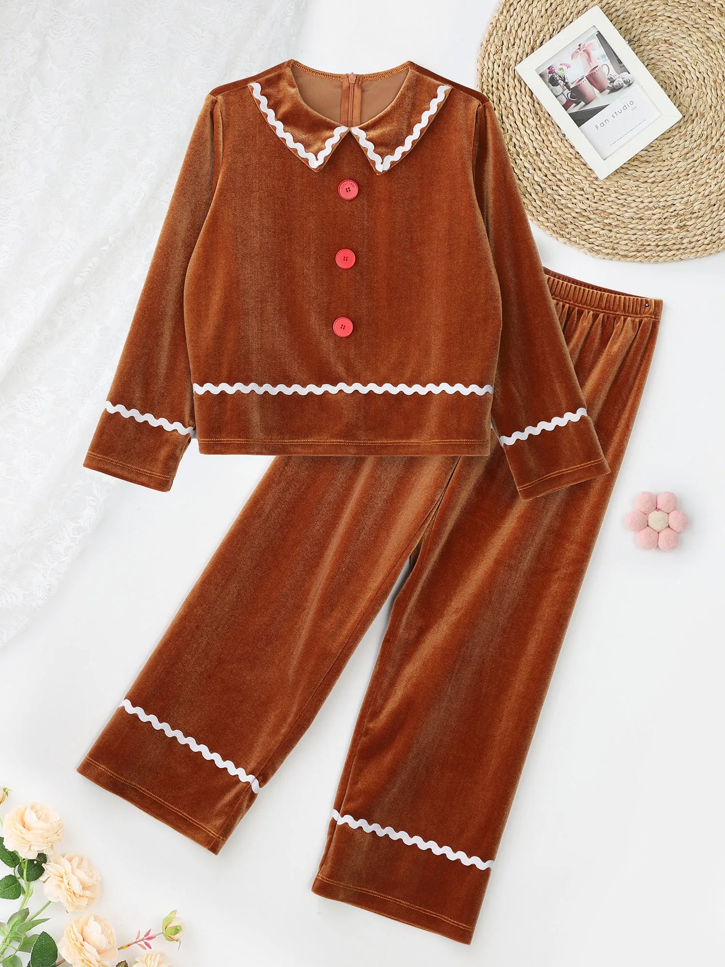 Girls Christmas Gingerbread Man Costume Velvet Long SleeveTop with Pants for Xmas Holiday Cookie Cosplay Dress Up Party