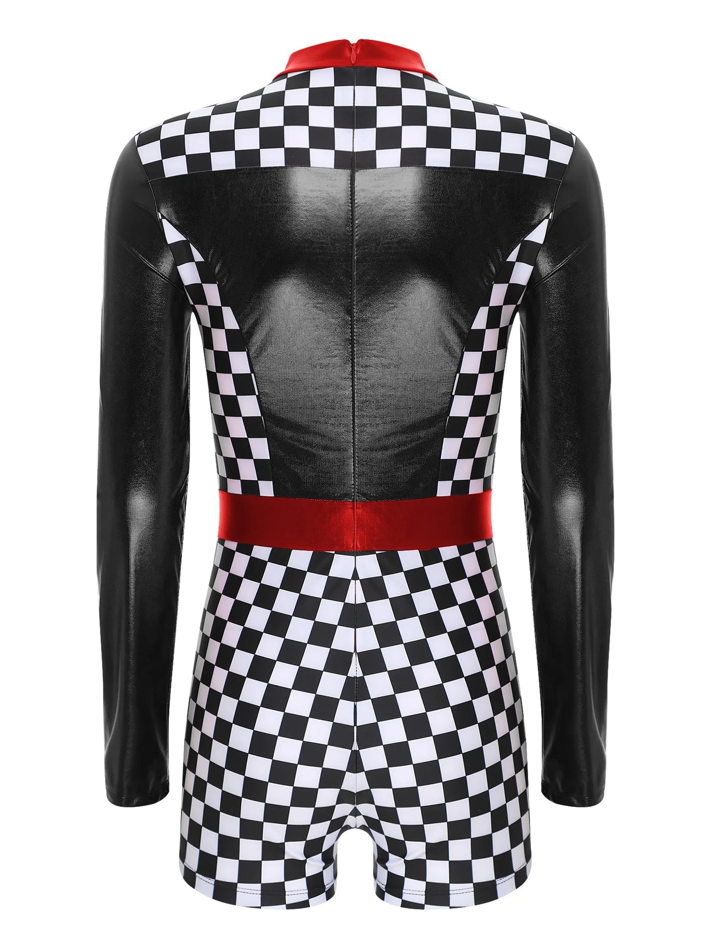 Womens Speed Car Driver Kostüm Halloween Racer Pullover Langarm Metallic Bodysuit Overall Cosplay Party Kostüm