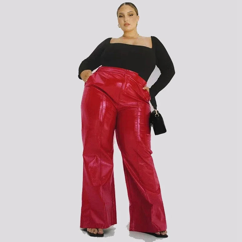 Plus Size Damen Glänzende Lacklederhose 7XL Hohe Taille Faux Latex Gerade Hose 8XL mit Tasche Flare Hose 9XL Clubwear