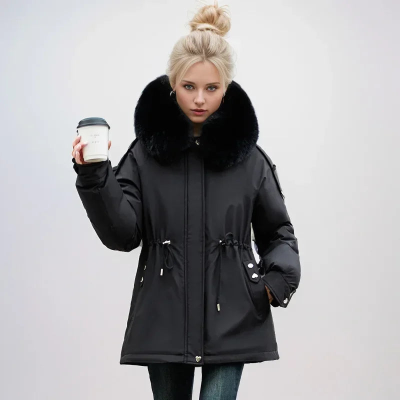 Frauen Parka Mode Lang mantel Wolle Liner Kapuze Parkas 2024 neue Winter jacke schlank mit Pelz kragen warmer Schnee tragen gepolsterte Kleidung