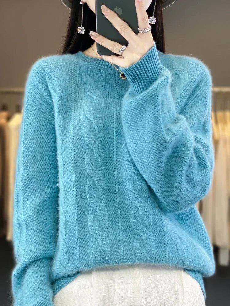 Frauen Winter Pullover 100% Merino Wolle Dicke Warme Oansatz Pullover Twist Blume Kaschmir Strickwaren Casual Koreanische Beliebte Kleidung