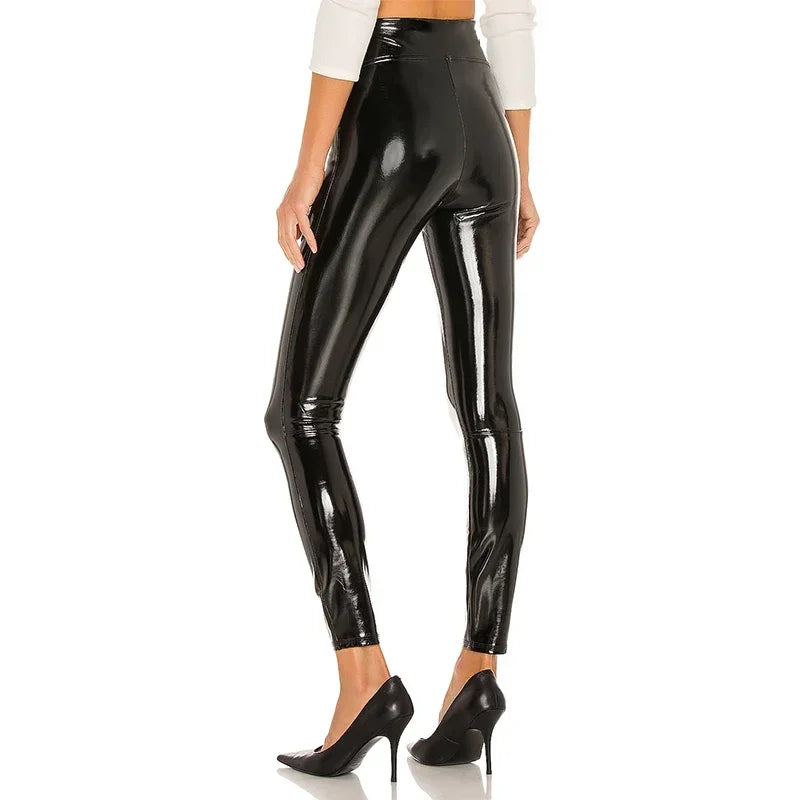 Faux Latex Hose mit hoher Taille Frauen glänzende Paten leder Leggings Damen schlanke Spleißen kurze Hosen Wettlook Clubwear benutzer definierte