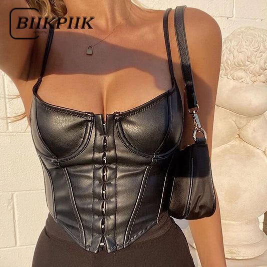 BIIKPIIK Sexy Solid Mini Vest Backless Pu Leather Cleavage Concise Tank Top Party Clubwear Casual Rave Womne Aesthetic Camisole