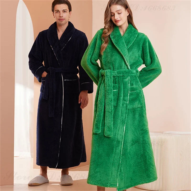 Doppelseitige Verdicken Flanell Herbst Winter Korallen Fleece Paar Lange Robe Hause Kleidung Lange Bademantel Nachtwäsche Lose Loungewear