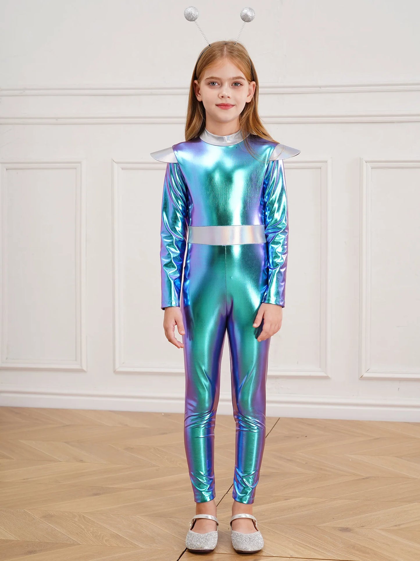 Kinder Mädchen Alien Kostüm Weltraum Kadett Holographische Metallic Ganzkörper Bodysuit Overall Halloween Party Cosplay Dress Up