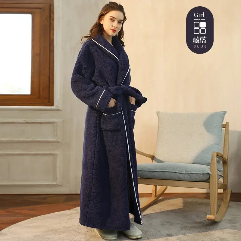 Doppelseitige Verdicken Flanell Herbst Winter Korallen Fleece Paar Lange Robe Hause Kleidung Lange Bademantel Nachtwäsche Lose Loungewear