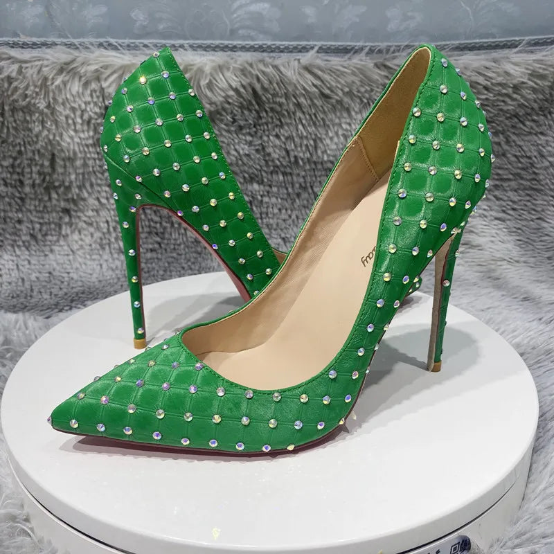 Green diamond high heels Effect Women Pointy Toe High Heels 8cm 10cm 12cm Customize Ladies Sexy Stiletto Pumps Club Party Shoe