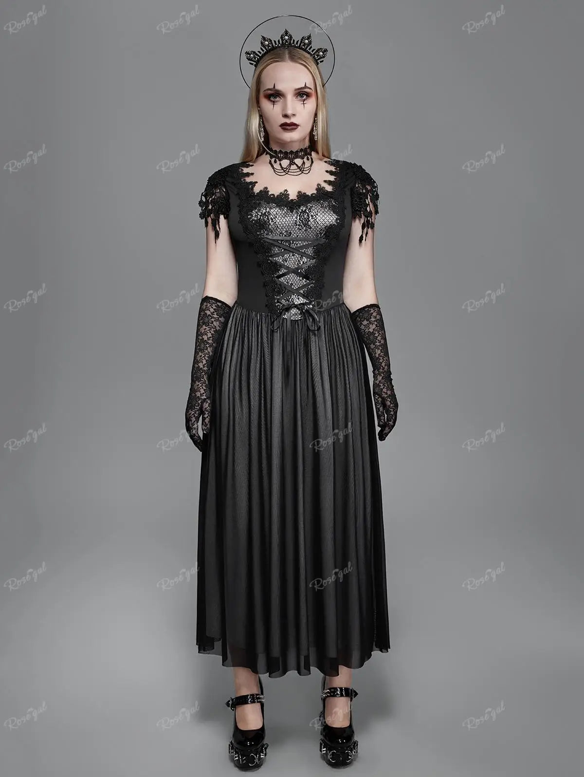 Ros gal plus Größe Gothic Lace Panel Mesh Quasten Schnür Maxi kleid Frauen Sommer langes Kleid schwarz Korsett Party kleid Vestidos