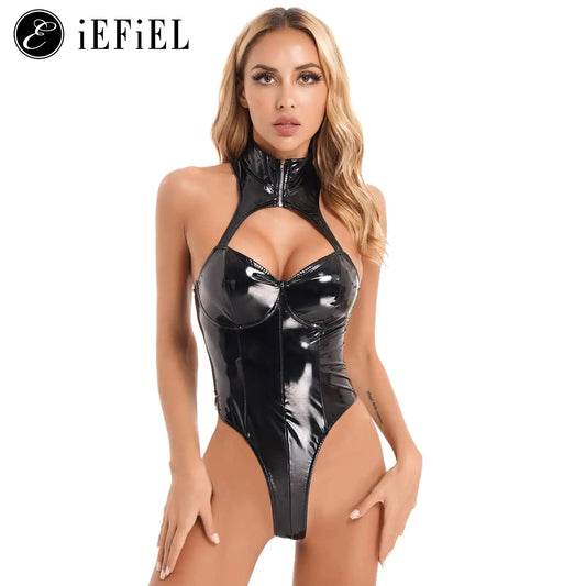 Damen Wet Look PVC Leder Mock Neck Schlüssel loch Rücken Trikot Teddy Bodysuit aus geschnitten Jumps uit Catsuit Rave Pole Dance Clubwear