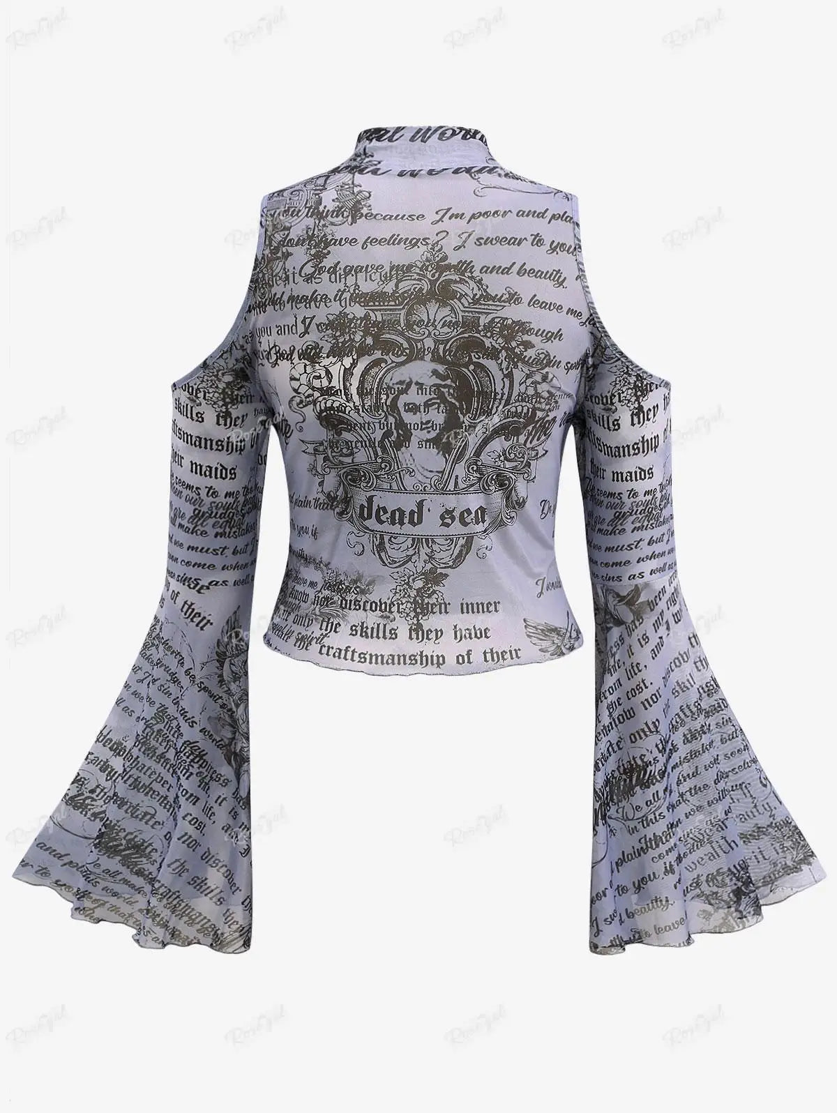 ROSEGAL Gothic Crop Tops Frauen Frühling Herbst Zeitung Buchstaben Drucken Kalten Schulter Flare Ärmeln T-shirt Neue Dünne Abgeschnitten Tees