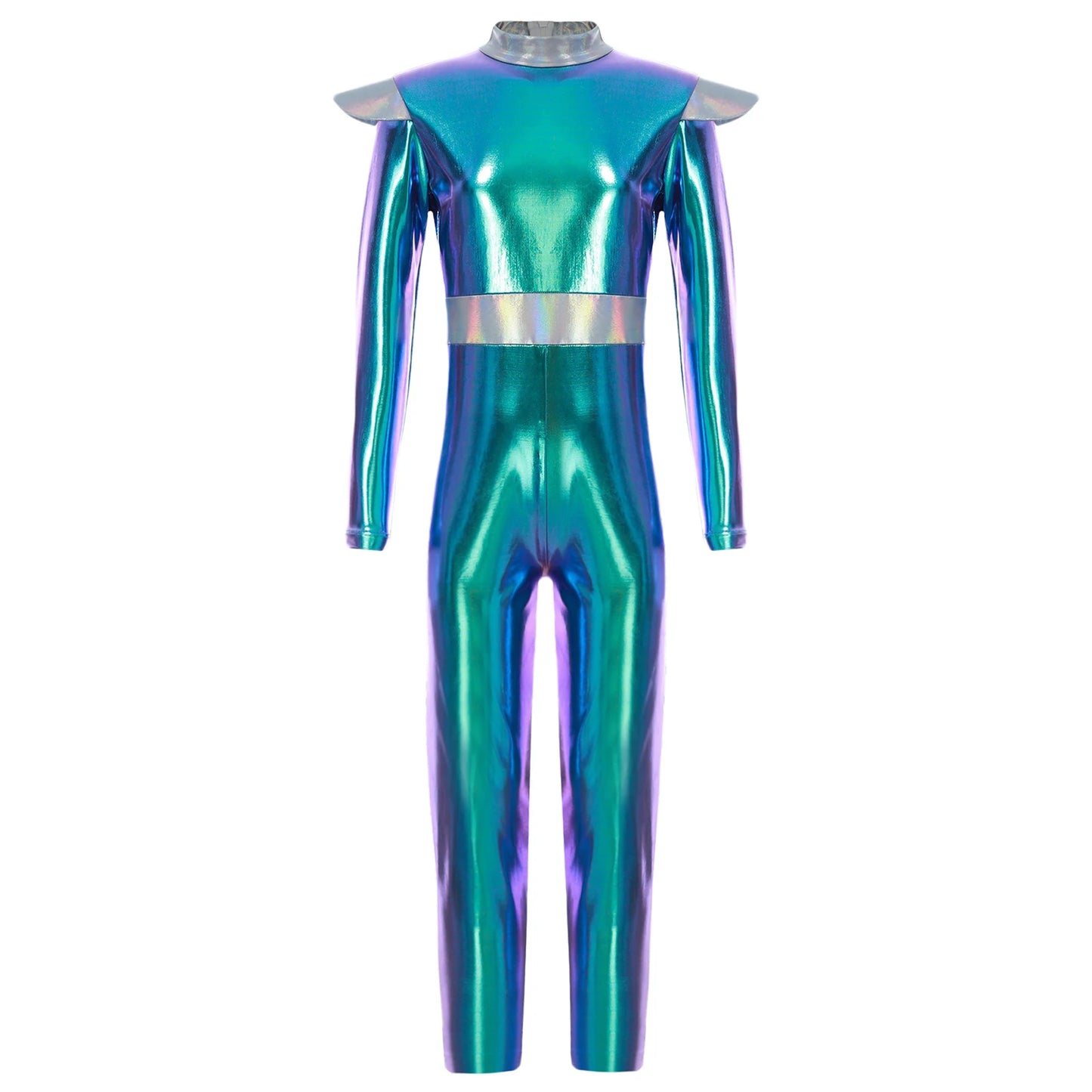 Kinder Mädchen Alien Kostüm Weltraum Kadett Holographische Metallic Ganzkörper Bodysuit Overall Halloween Party Cosplay Dress Up