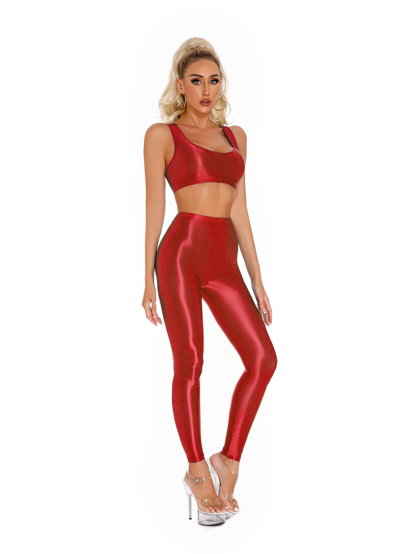 Damen glänzendes Öl ärmelloses U-Ausschnitt Racer back Crop Top mit Leggings für Tanz Yoga Sport Gym Fitness Übung Active wear