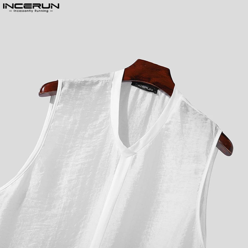 INCERUN Men's Tank Tops Solid Color V Neck Sleeveless Casual Male Vests Streetwear 2024 Transparent Summer Stylish Men Clothing