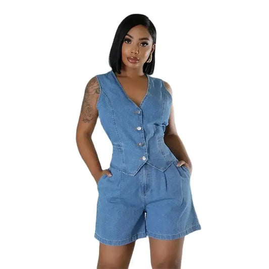 Sommer V-Ausschnitt ärmellose Westen Frauen zweiteilige Sets gerade Jeans shorts weibliche Anzüge lässige einreihige Strickjacke Weste