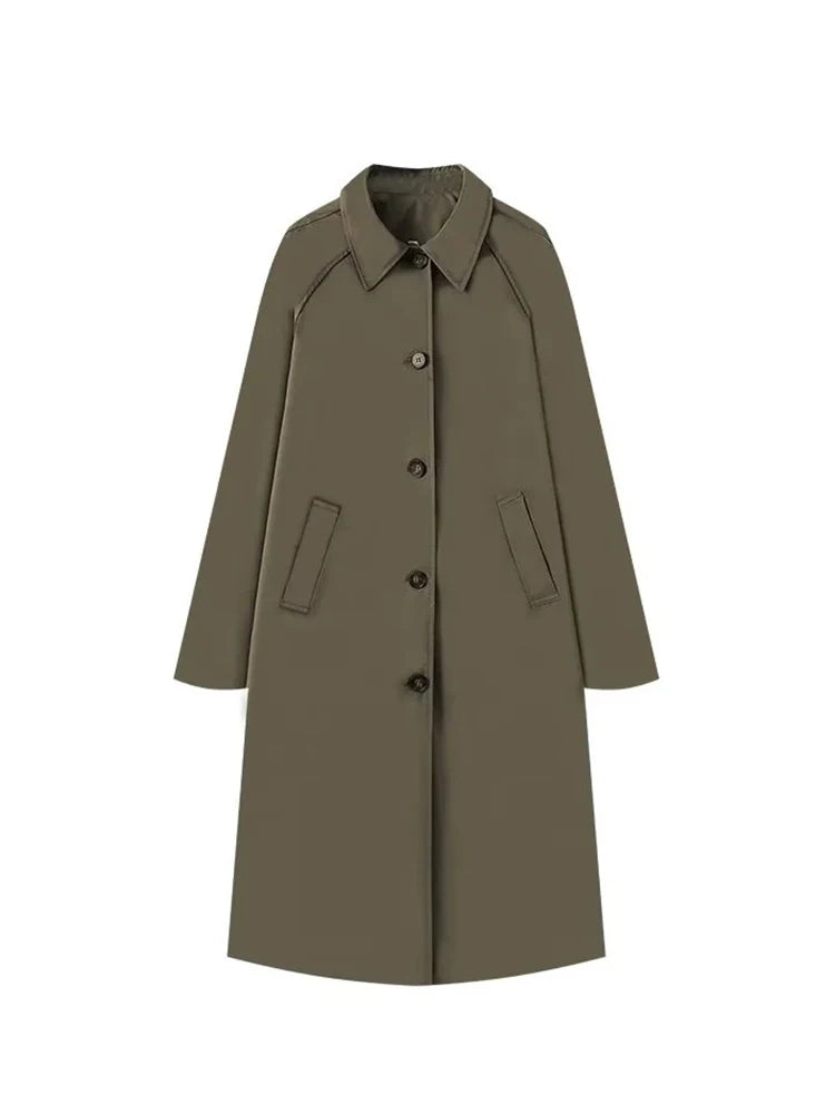 TRAF Damenmode Langer Trenchcoat Jacke Elegant Schick Revers Einfache Jacke Herbst Lose High Street Verdickte Jacke Tops