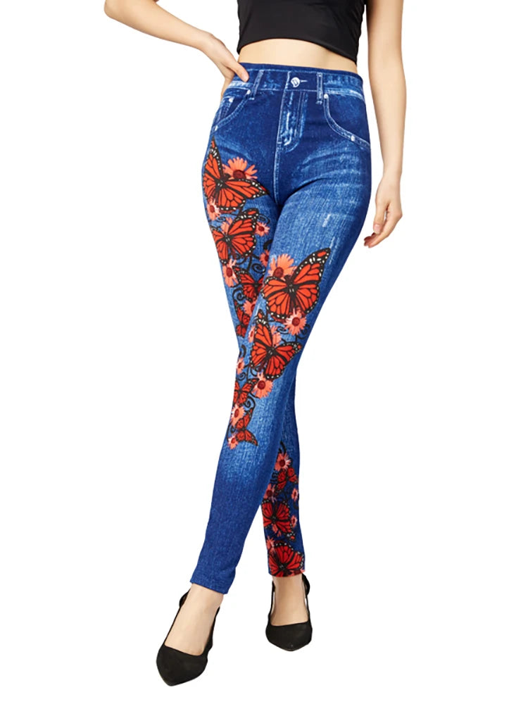 CUHAKCI Soft Women Red Butterfly Print Jeggings High Elastic Vintage Fake Jeans Fitness Slim Fit Sports Yoga Leggings