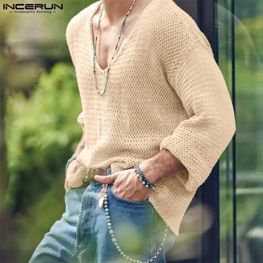 INCERUN Men T Shirt Solid Color Knitted V Neck Long Sleeve Casual Men Clothing Streetwear 2023 Hollow Out Loose Camisetas S-5XL