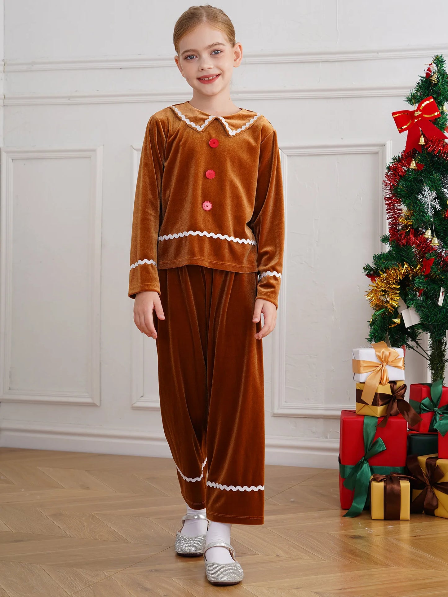 Girls Christmas Gingerbread Man Costume Velvet Long SleeveTop with Pants for Xmas Holiday Cookie Cosplay Dress Up Party