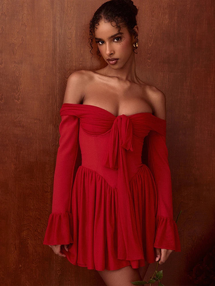 Mozision Elegant Strapless Backless Sexy Mini Dress For Women Red Off-shoulder Long Flare Sleeve Pleated Club Party Dress 2024