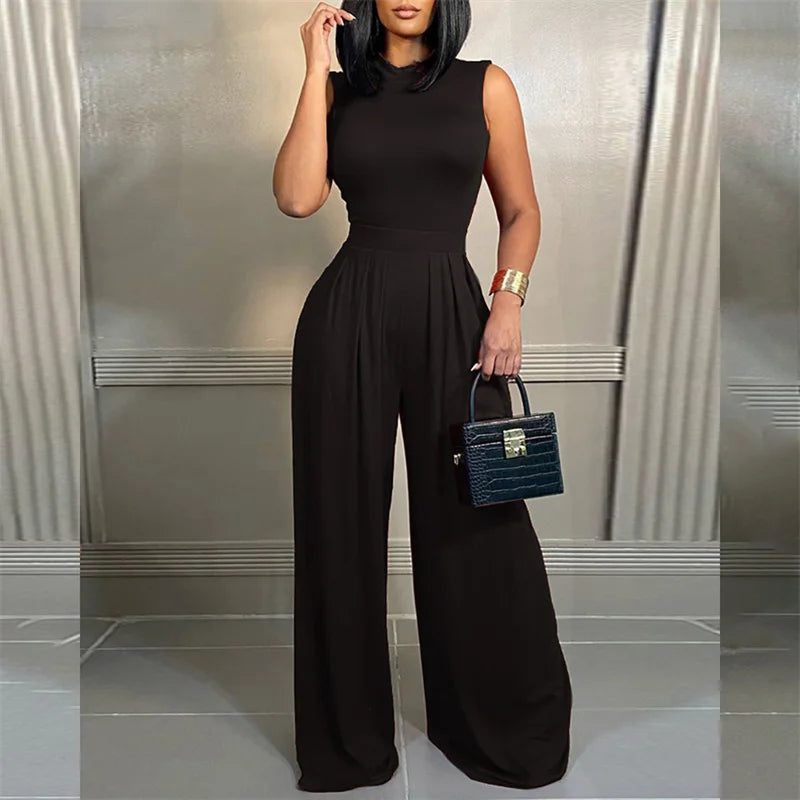 Frauen Slim Fit ärmellosen Overall weites Bein gerade Hose weiblich 2024 Sommer Mode druck Stretch hohe Taille lässig Stram pler