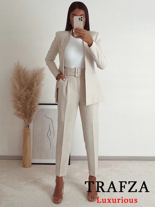 TRAFZA Büro Dame Beige Frauen Anzüge Langarm V-ausschnitt Übergroßen Blazer + Hohe Taille Breite Bein Hosen Mode 2025, Vintage-Sets