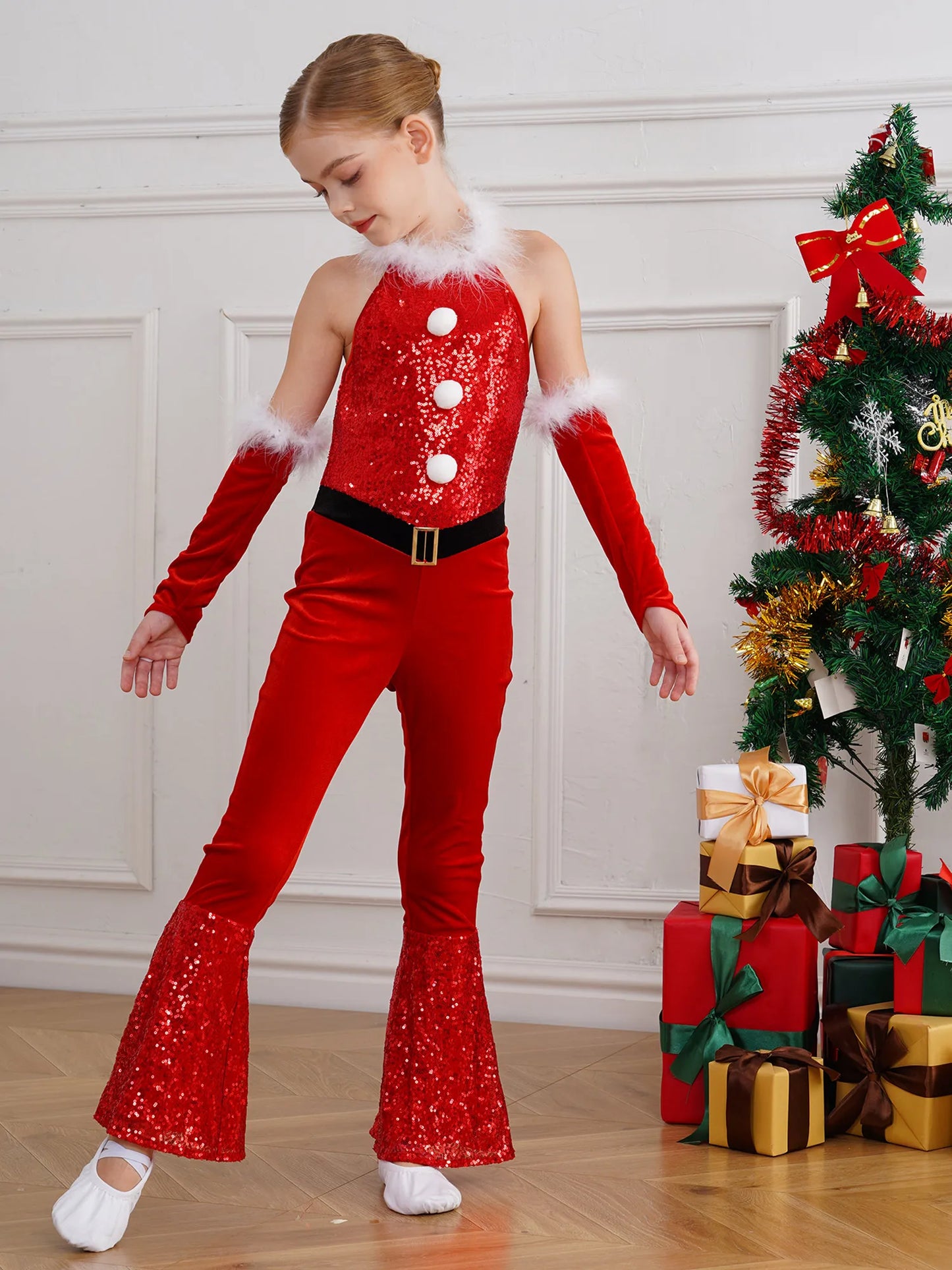 Girls Christmas Costume Santa Claus Velvet Sequins Bell Bottoms Jumpsuit with Arm Sleeve Merry Xmas Holiday Festive Outfits